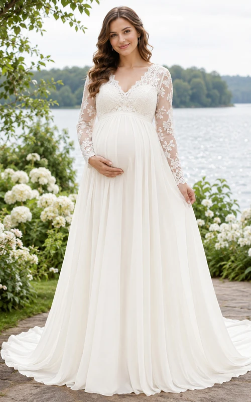 Maternity V Neck Long Lace Sleeve Lakeside Wedding Dress