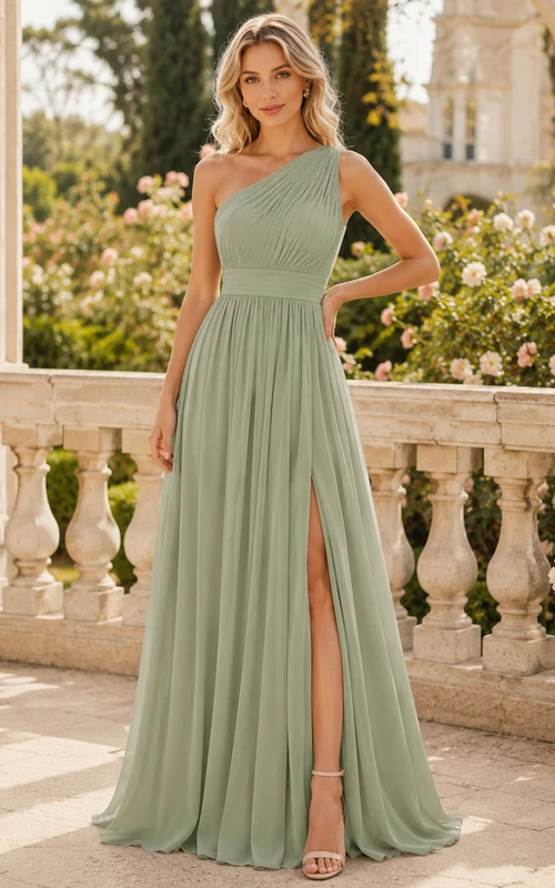 Sage One Shoulder Chiffon Summer Wedding Gown