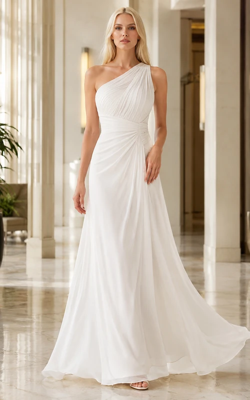 Robe de mariée civile moderne et simple, asymétrique, drapée, en mousseline de soie, à une épaule et coupe trapèze, longue jusqu'au sol.