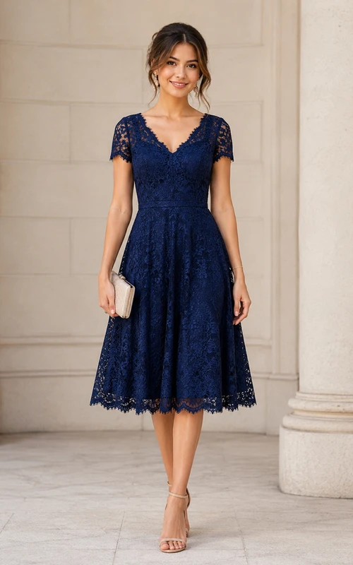 Vestido azul marino oscuro de encaje con mangas cortas y largo hasta la rodilla