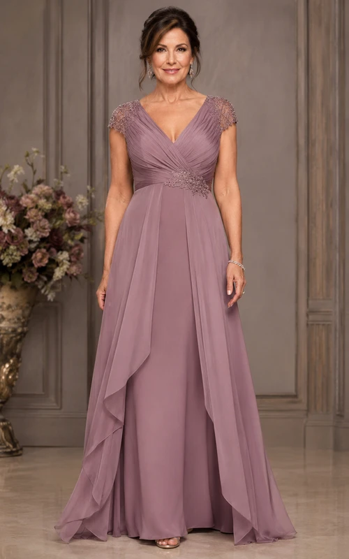 Vestido de gasa color malva con escote en V, corte en A y mangas cortas para madres.