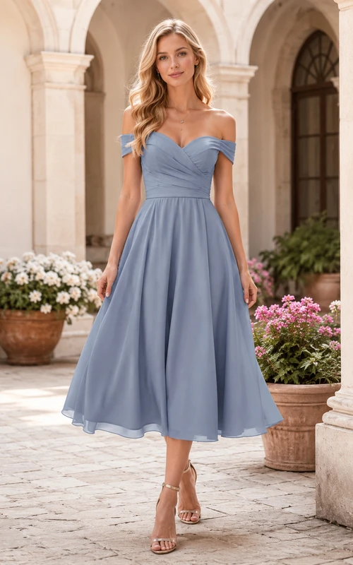 Steel Blue Sleek Chiffon Sheath V-neck Knee Length Cocktail Dress