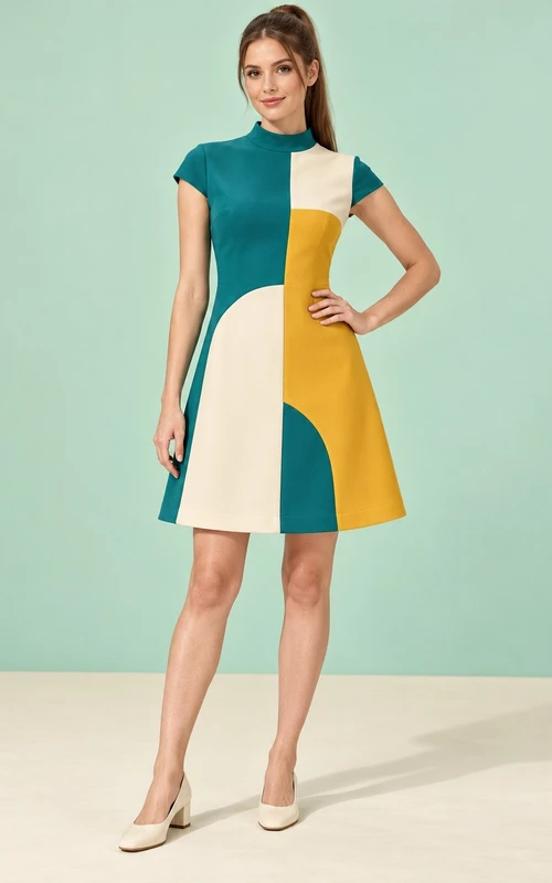 Vintage Teal Mustard High Neck Cap Sleeve A-line Dress