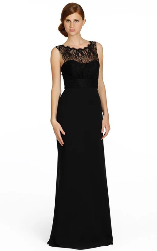 Robe de demoiselle d'honneur sans manches à col rond en dentelle et mousseline, col rond