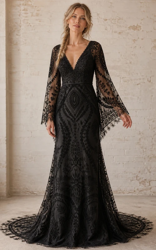 Vestido de noche largo hasta el suelo, negro, estilo bohemio, con estampado gráfico, escote en V y mangas largas, estilo sirena.