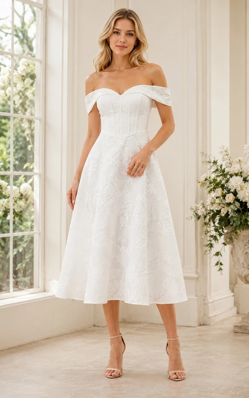 White Woven Jacquard Off-Shoulder A-Line Tea-Length Simple Guest Dress