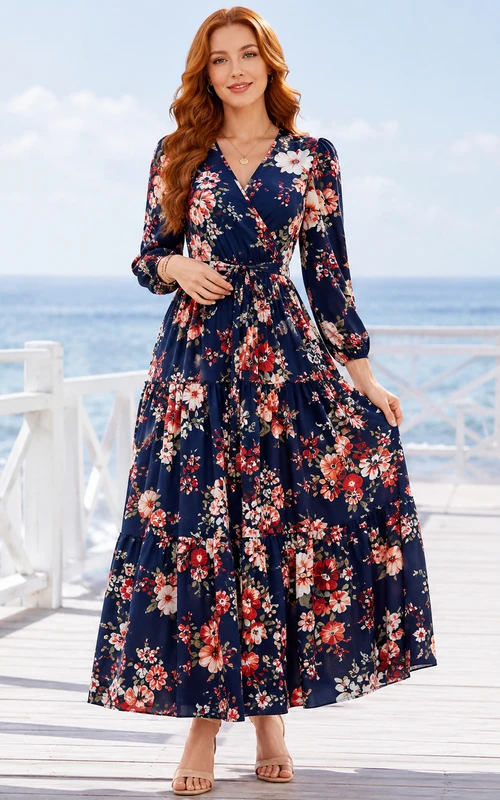 Marineblaues, geblümtes Wickelkleid mit V-Ausschnitt und langen Ärmeln, Midi-Länge, Gästekleid
