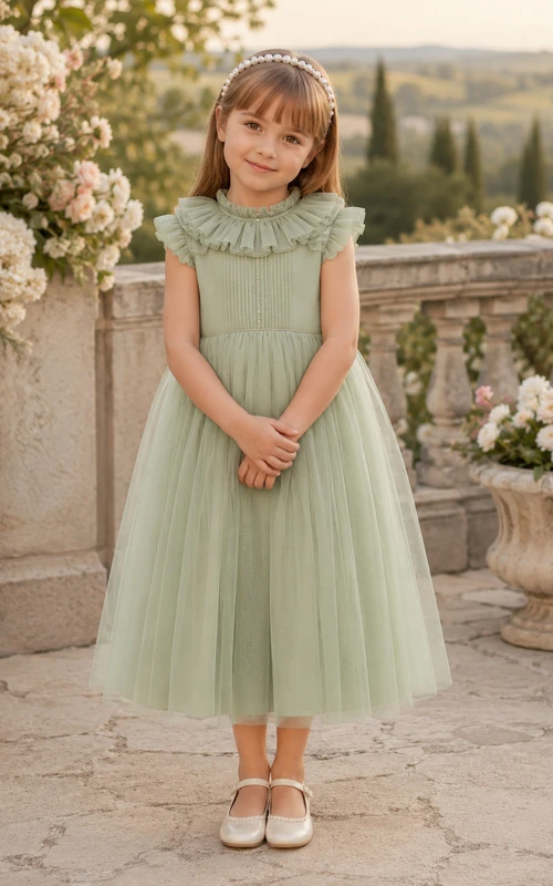 Flower Girl Dress Sage Tulle A-Line Jewel Neck Tea Length Bow Back