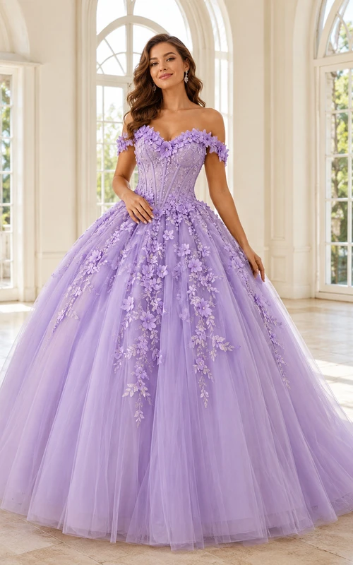 Lavender Luxury Off Shoulder Floral Applique Glitter Tulle Princess Quinceanera Ball Gown