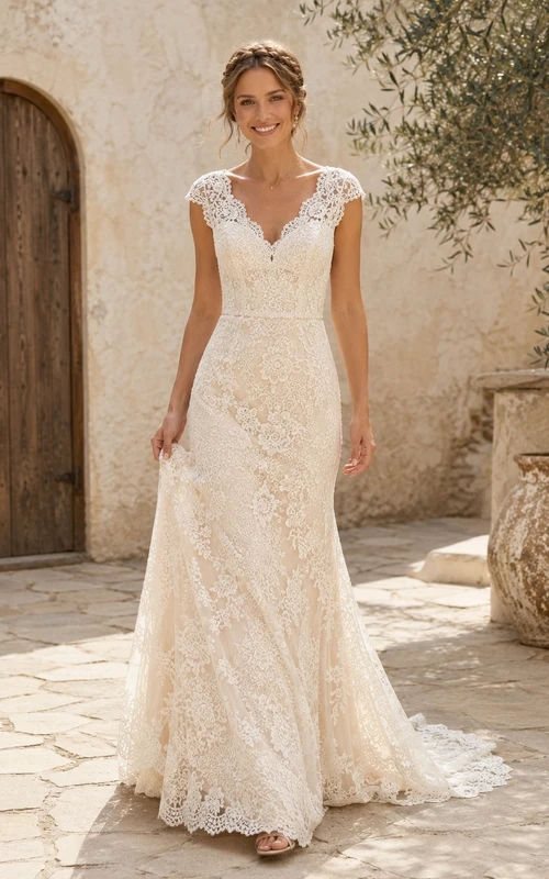 Vestido de novia estilo sirena con mangas cortas, encaje festoneado y cola larga.