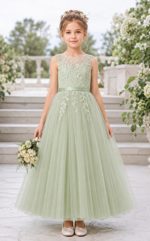 Blumenmädchenkleid aus salbeifarbenem Tüll in A-Linie mit Rundhalsausschnitt und Teelänge, verziert mit einer Schärpe