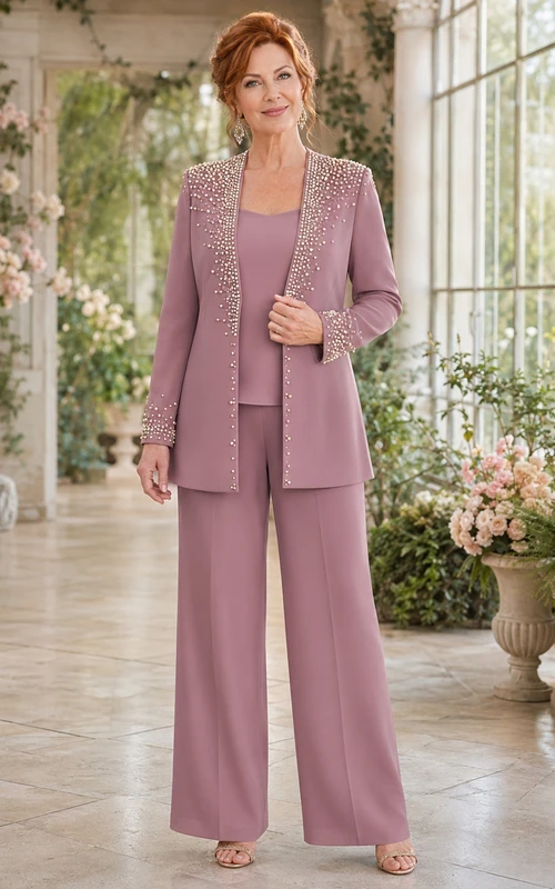 Vintage-Mauve-Luxus-Hosenanzug mit langem Blazer, Perlenrevers und weitem Bein, bodenlang, perfekt für die Mutter der Braut