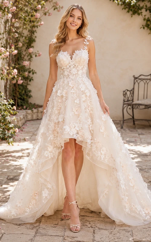 Vestido de novia de primavera con apliques florales y corte asimétrico para patio.