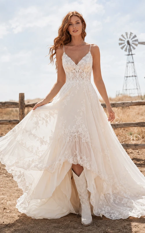 Robe de mariée champêtre en tulle et dentelle, coupe trapèze, bretelles spaghetti, traîne chapelle et dos nu plongeant en V.