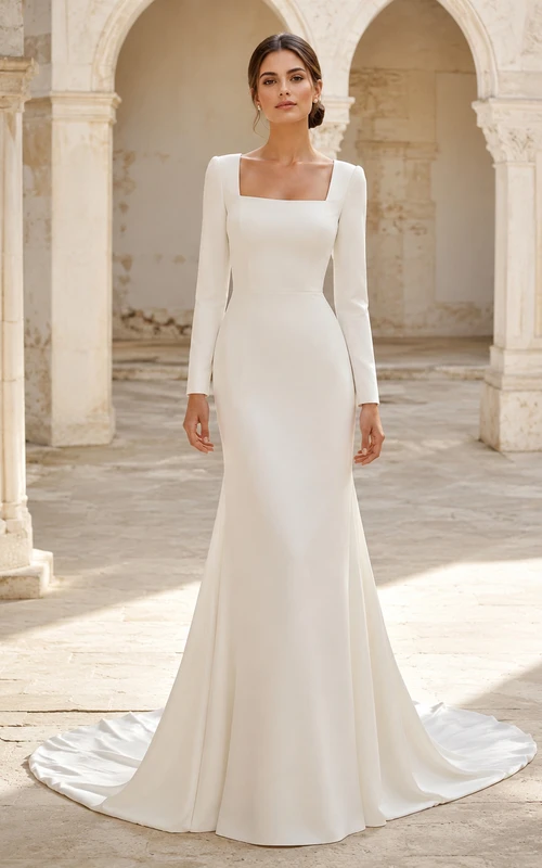 Robe de mariée fourreau à manches longues et col carré en satin sobre