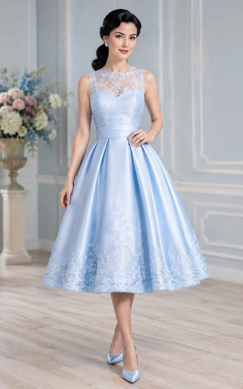 Vintage Sky Blue Illusion Jewel Lace A-Line Tea-Length Formal Dress