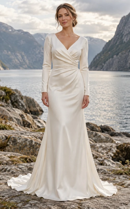 Vestido de novia de satén de manga larga con escote en V, corpiño cruzado simulado y cola.