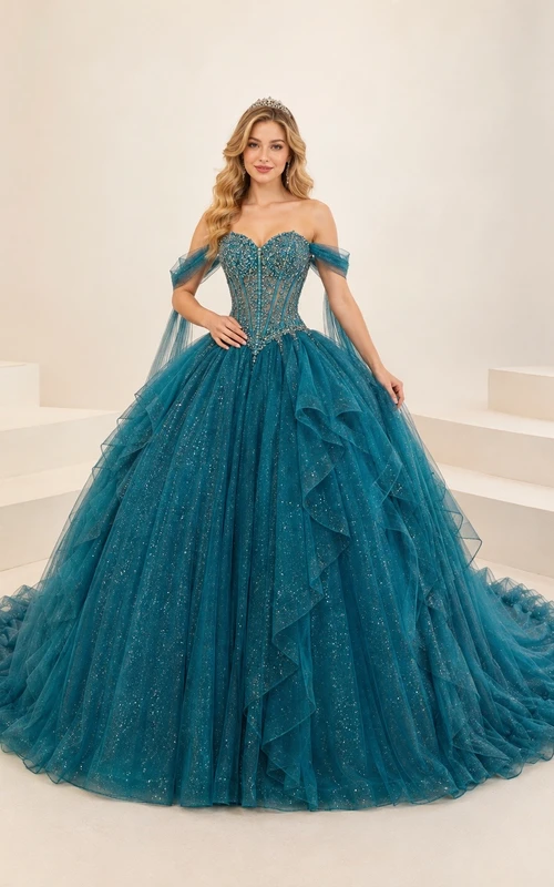 Vestido de quinceañera de gala con hombros descubiertos, tul, bordado con cuentas y cola catedral en cascada.