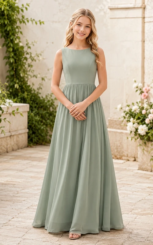 Vestido de dama de honor juvenil color celadón, corte A, escote barco, sin mangas, estilo romántico.