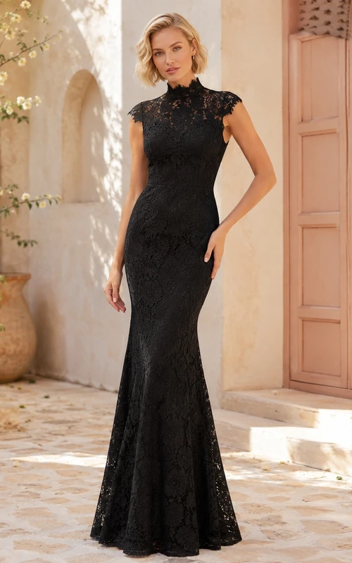 Elegant Black High Neck Cap Sleeve Floor-length Lace Mermaid Formal Dress