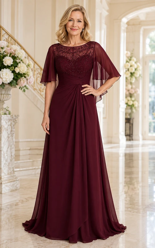 MOB-Kleid aus burgunderrotem Chiffon mit Spitze, A-Linie, flatternden Ärmeln, Rundhalsausschnitt, bodenlang, plissiert