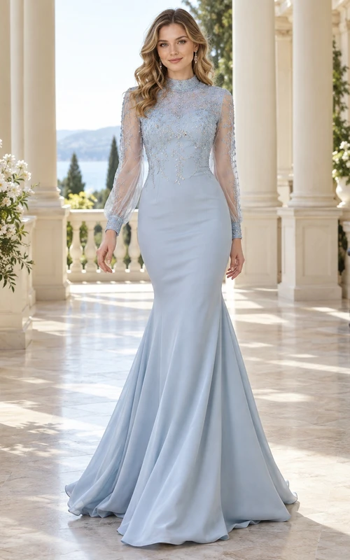Robe sirène en dentelle bleu ciel à col montant et manches longues, style modeste
