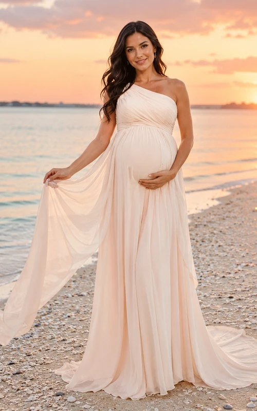 Vestido de novia de gasa drapeado de un solo hombro para la playa, estilo imperio, ideal para embarazadas.