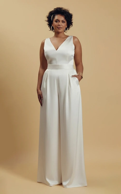Combinaison de mariage sans manches à col en V et poches, jambes larges