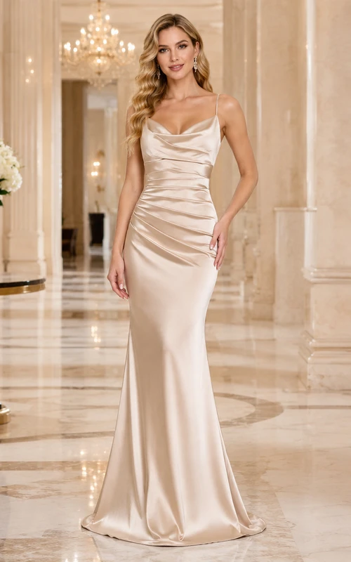 Champagnerfarbenes Abendkleid mit Spaghettiträgern, Meerjungfrauenschnitt, Satin und Schleppe für den Empfang