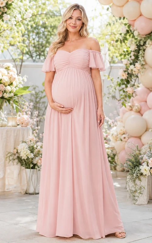 Vestido de maternidad de gasa largo hasta el suelo con hombros descubiertos, estilo romántico, para baby shower.