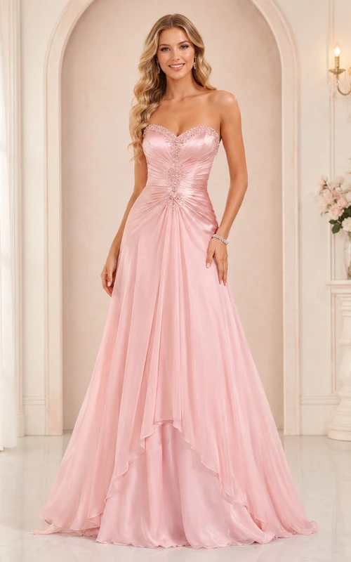 Vestido de fiesta formal romántico de gasa rosa rubor sin tirantes con escote corazón y fruncido, corte en A.