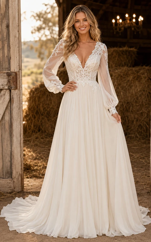 Vestido de novia campestre de gasa y encaje, corte A, escote en V, manga larga, cola capilla, espalda baja en V.