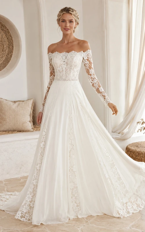 Romantic Boho Lace A Line Off Shoulder Long Sleeve Chapel Wedding Gown
