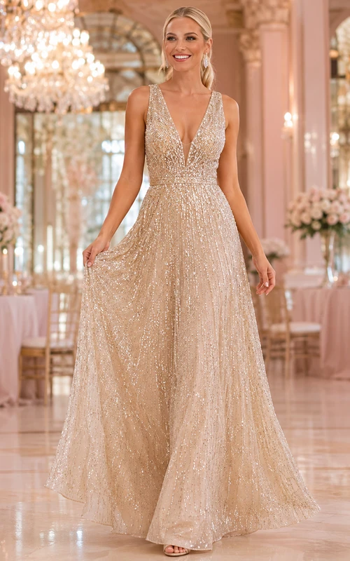 Champagnerfarbenes, paillettenbesetztes und perlenbesetztes A-Linien-Abendkleid mit V-Ausschnitt, perfekt für Prominente