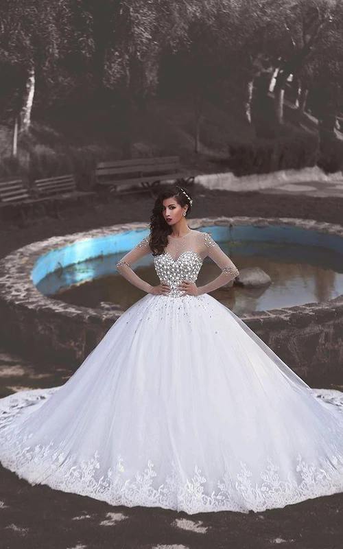 Newest Crystals Tulle Lace Illusion Princess Wedding Dress Long Sleeve Ball Gown