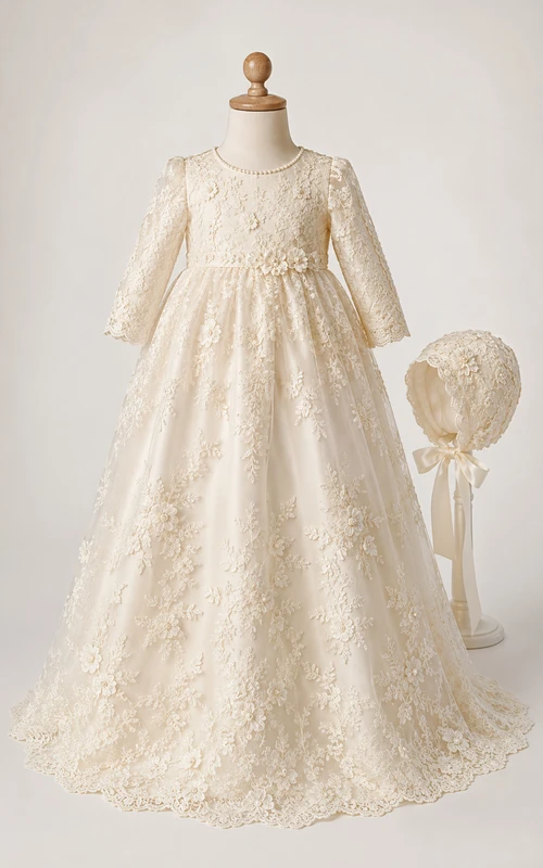 Robe de baptême vintage, robe de princesse modeste, manches longues, tulle illusion, dentelle, traîne au sol et ceinture à nœud couleur champagne