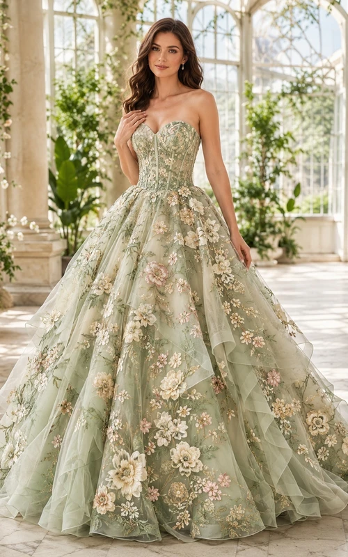 Sage Multicolor Floral Strapless Sweetheart Applique Tulle Ball Gown Sweep Train Dress