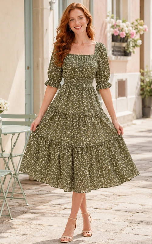 Olive Floral Square Neck Puff Sleeve Tiered Dress