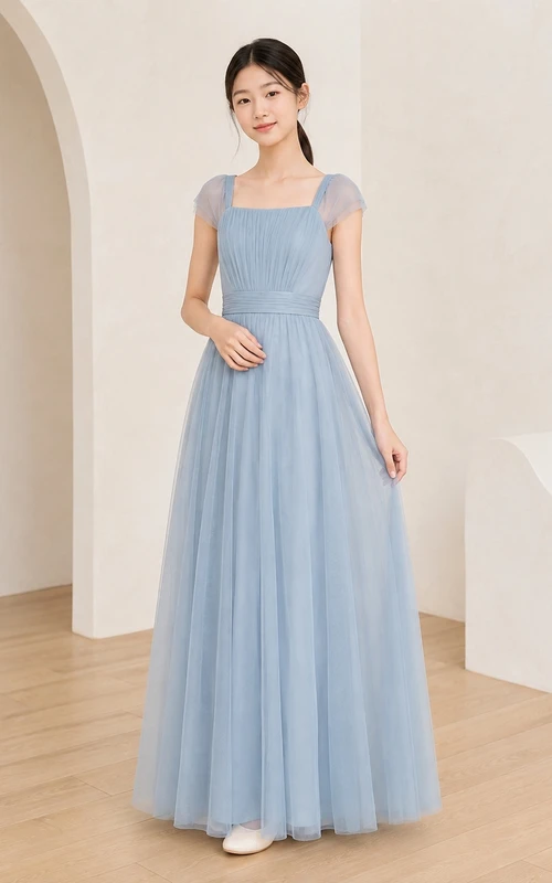 Vestido de dama de honor juvenil azul cielo, corte en A, manga corta cuadrada, malla elegante