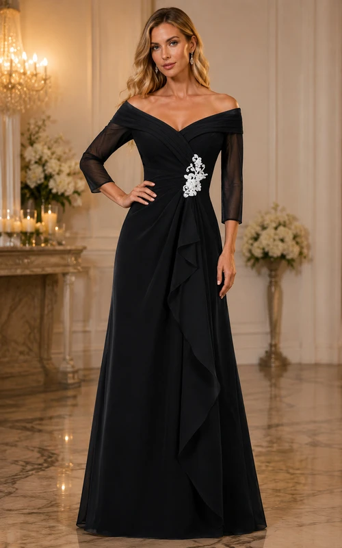 Vestido de noche negro de manga larga con hombros descubiertos para la madre de la novia
