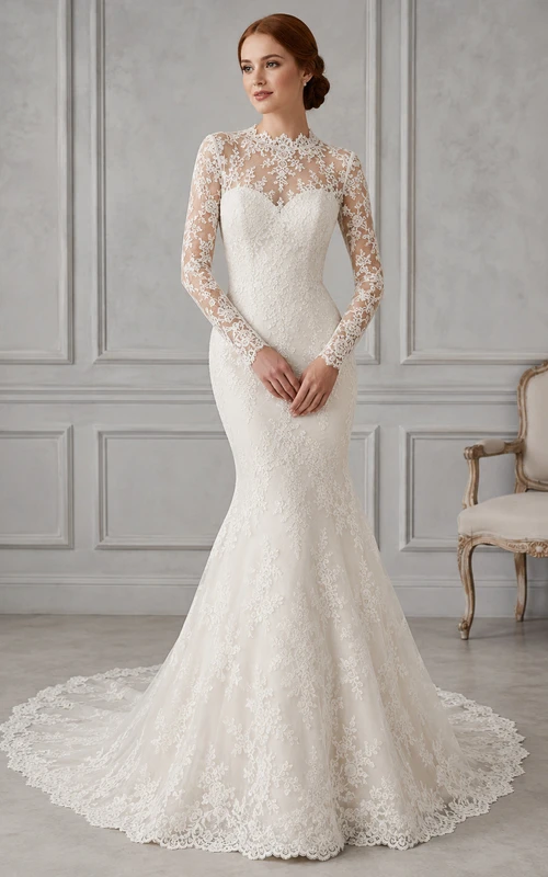 Vestido de novia de corte sirena con cuello alto, encaje ilusión, mangas largas y cola de capilla.