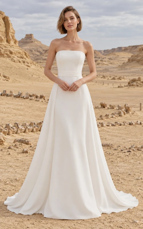 Vestido de novia sencillo, sin tirantes, de satén, corte en A, cintura natural, corpiño liso, largo hasta el suelo y cola.