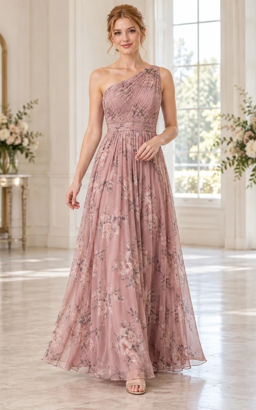 Vestido de dama de honor de gasa de corte A, largo hasta el suelo, con un solo hombro y estampado floral rosa empolvado.