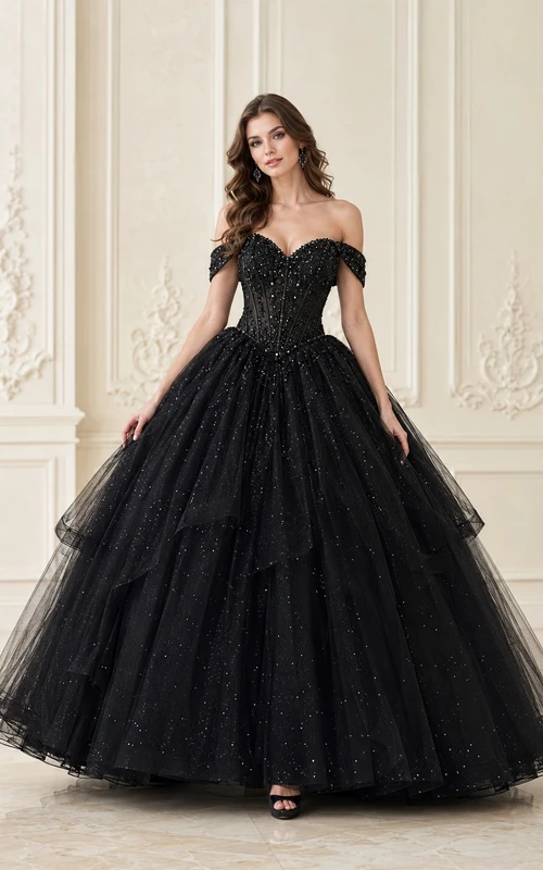 Black Sparkle Off-Shoulder Ball-Gown Floor-Length Short-Sleeve Tulle Luxury Quinceanera Gown