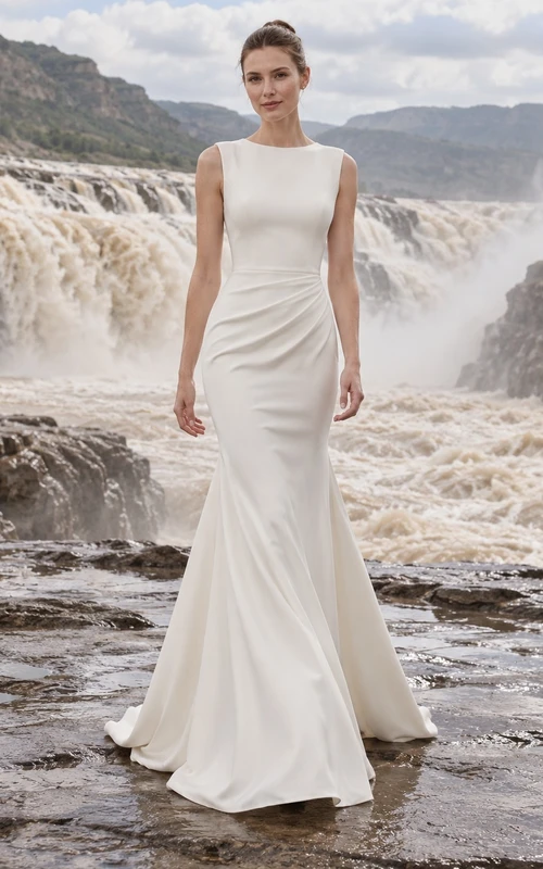 Vestido de novia sencillo, modesto, sin mangas, con cuello alto y espalda alta, estilo sirena y drapeado.