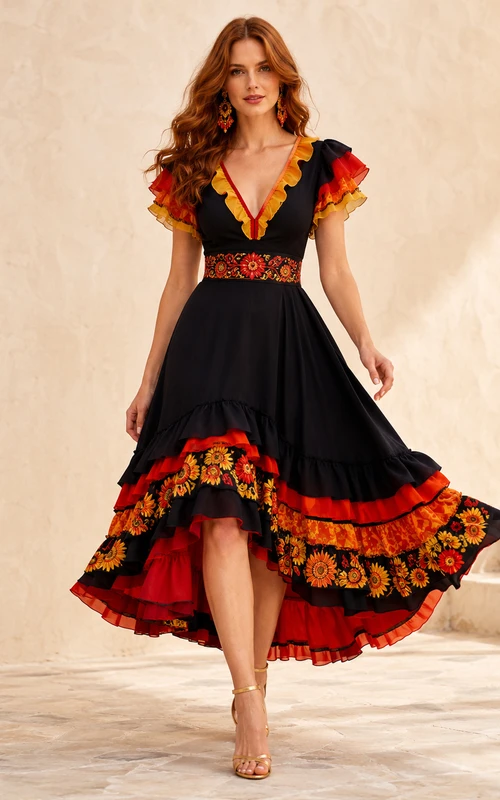 Vibrant Black Floral Cumbia A Line High Low V Neck Ruffle Sleeve Dress
