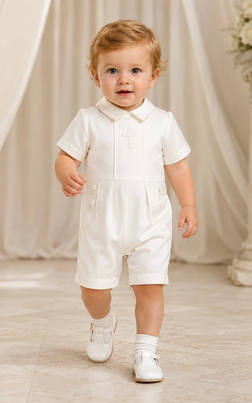 White Mandarin Collar Button Front Short Christening Romper for Baby Boy