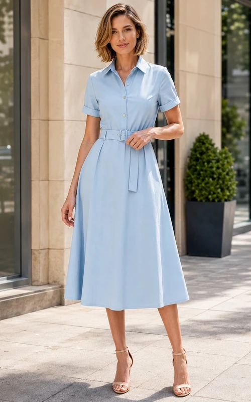 Vestido formal de corte A, largo midi, de satén azul cielo, cuello polo y manga corta.