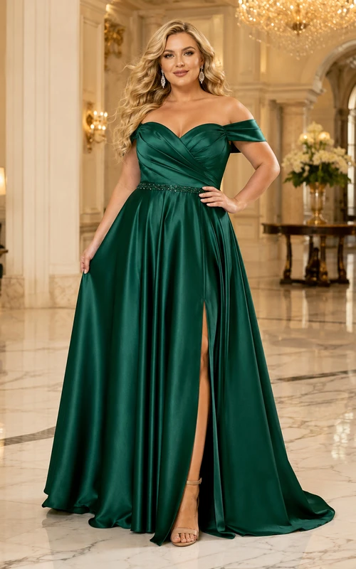 Elegante vestido de noche de satén de corte A con escote corazón y abertura lateral, ideal para tallas grandes.
