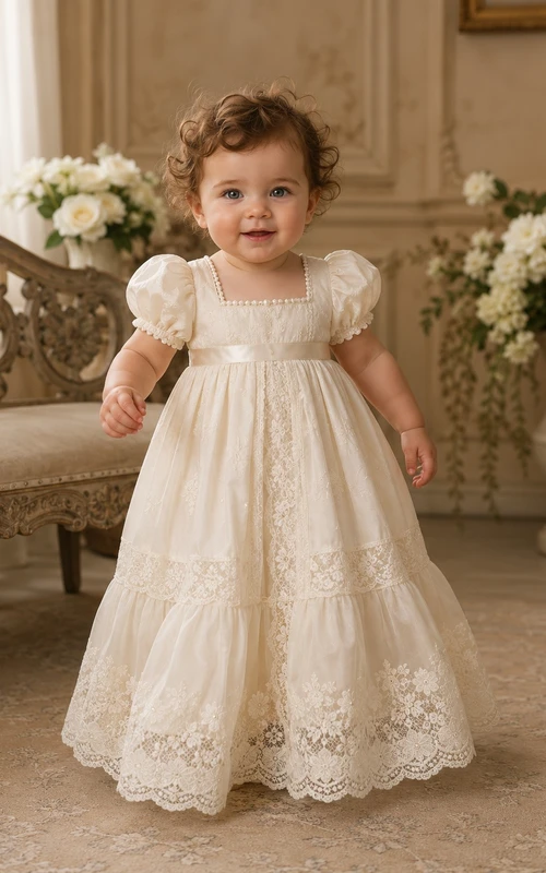 Vintage Puff Sleeve Square Neck Lace Floor Length Christening Baby Gown